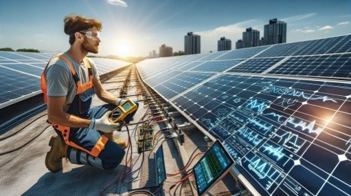 Techniker bei der Inbetriebnahme und Prüfung einer Photovoltaikanlage mit Messgerät und Laptop auf einem Solardach